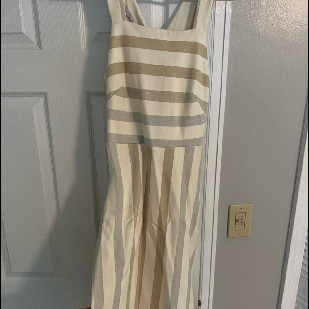 Off white dress with gold and silver stripes - gorgeous!